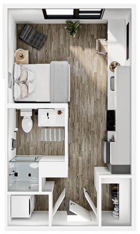 A 3D image of the Studio – M1 floorplan, a 300 squarefoot, 0 bed / 1 bath unit