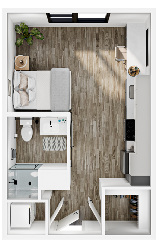 A 3D image of the Studio – M2 floorplan, a 344 squarefoot, 0 bed / 1 bath unit