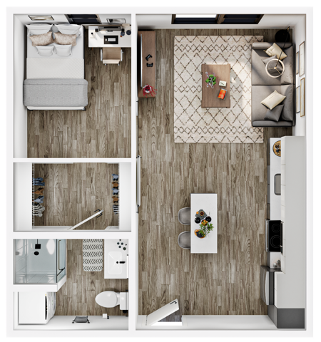 A 3D image of the 1BR/1BA – A1 floorplan, a 486 squarefoot, 1 bed / 1 bath unit