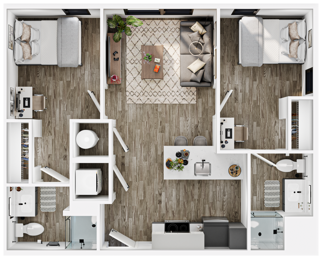 A 3D image of the 2BR/2BA – B1 floorplan, a 670 squarefoot, 2 bed / 2 bath unit