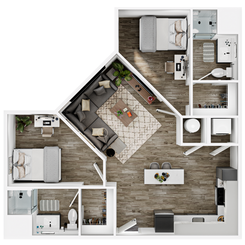 A 3D image of the 2BR/2BA – B2 floorplan, a 724 squarefoot, 2 bed / 2 bath unit