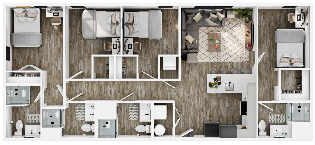 A 3D image of the 4BR/4BA – D1 floorplan, a 1211 squarefoot, 4 bed / 4 bath unit