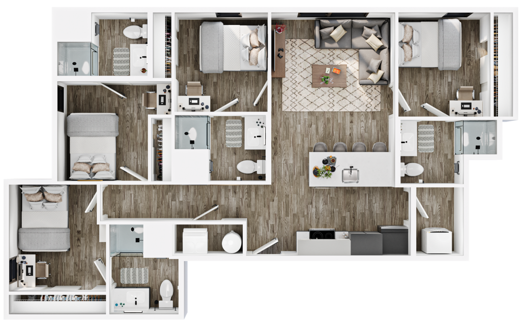 A 3D image of the 4BR/4BA – D2 floorplan, a 1067 squarefoot, 4 bed / 4 bath unit