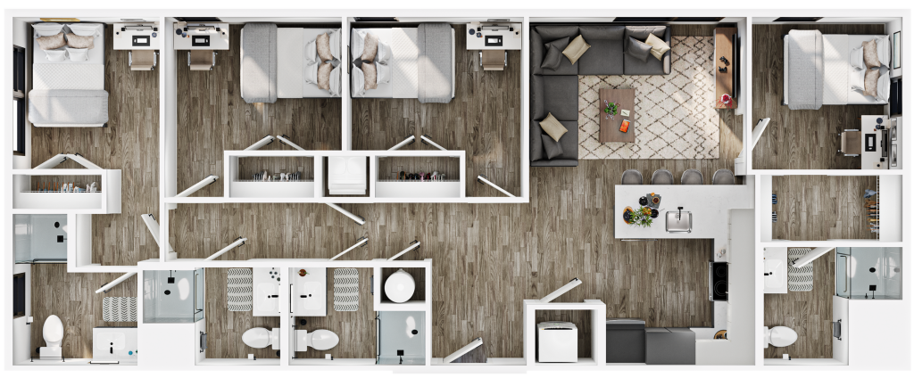 A 3D image of the 4BR/4BA – D3 floorplan, a 1137 squarefoot, 4 bed / 4 bath unit